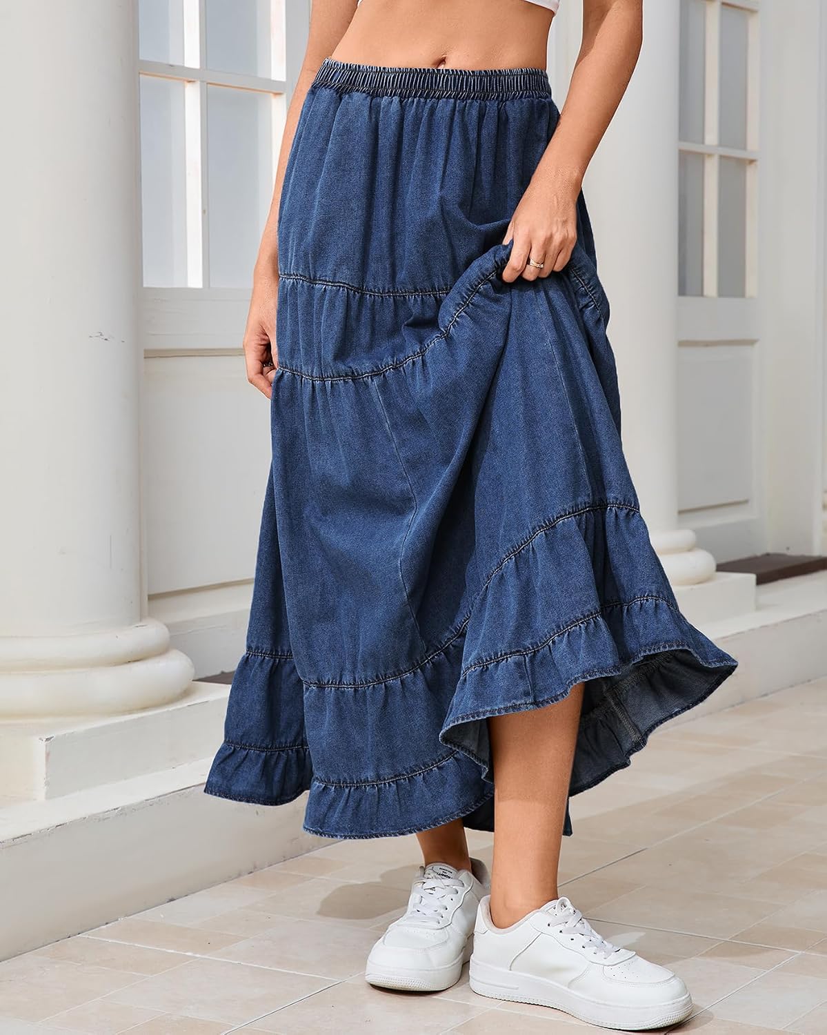 Women's Denim Maxi Skirt Tiered Ruffle Swing Jean Skirts with Pockets