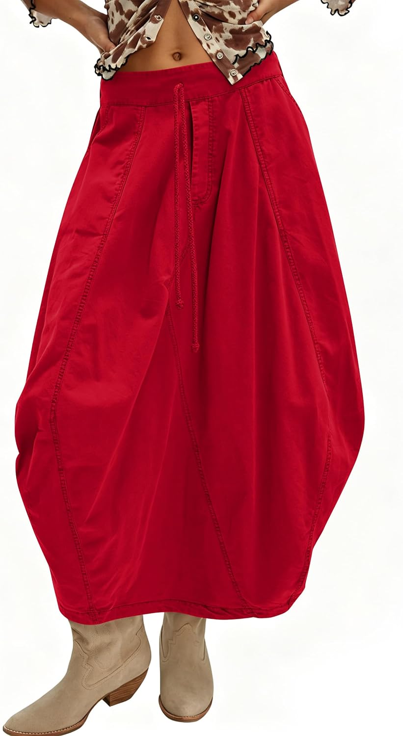 Women's Cargo Skirt Bubble Maxi Parachute Skirts with Pockets