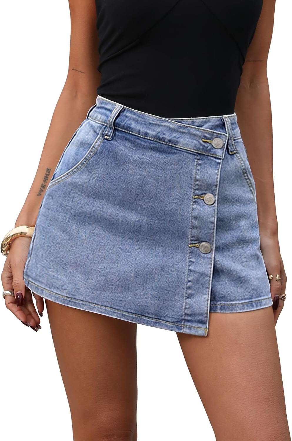 ELLEVEN Denim Wrap Mini Skorts with Button Front