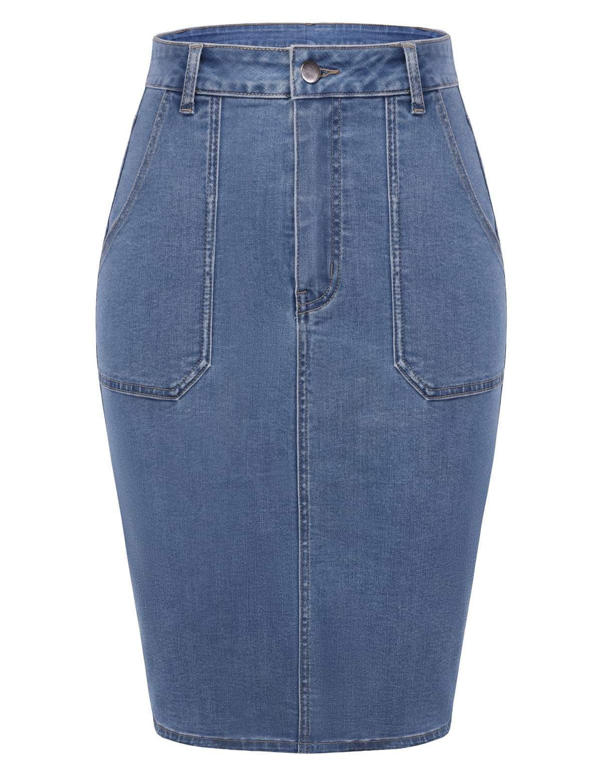 Belle Poque Women's Denim Skirt Stretchy High Waisted Below Knee Length Jean Skirt with Pockets Spring Summer Trendy 2026
