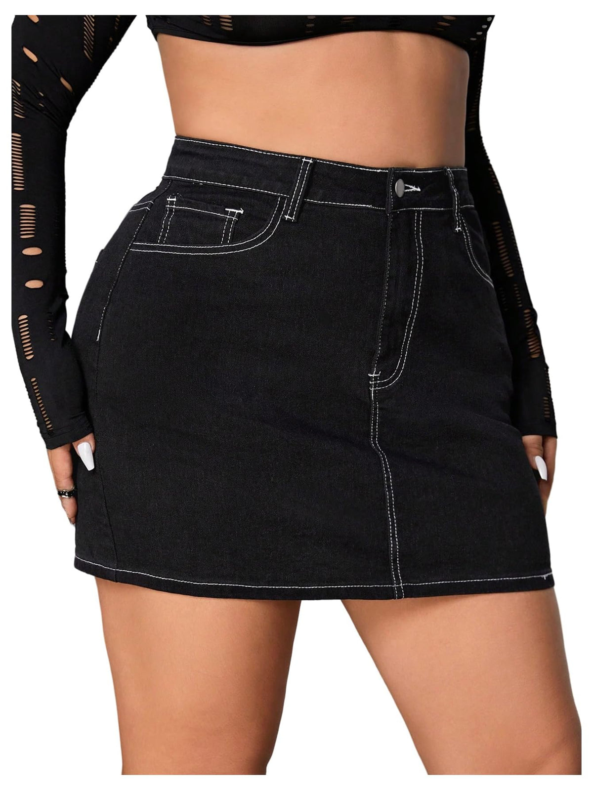 WDIRARA Women's Plus Size High Waist Cargo Denim Skirt Flap Pockets Zipper Fly Bodycon Mini Jean Skirt