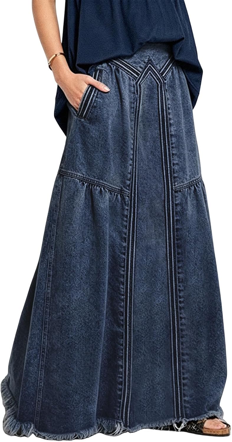 ebossy Women's High Waist A Line Frayed Maxi Long Denim Skirt with Pockets