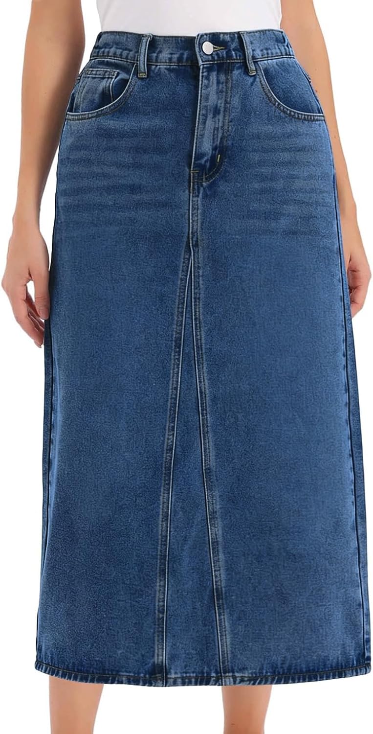 ebossy Women's Vintage Denim Skirt High Waist A Line Back Slit Mid Long Wash Jean Skirt with Pockets