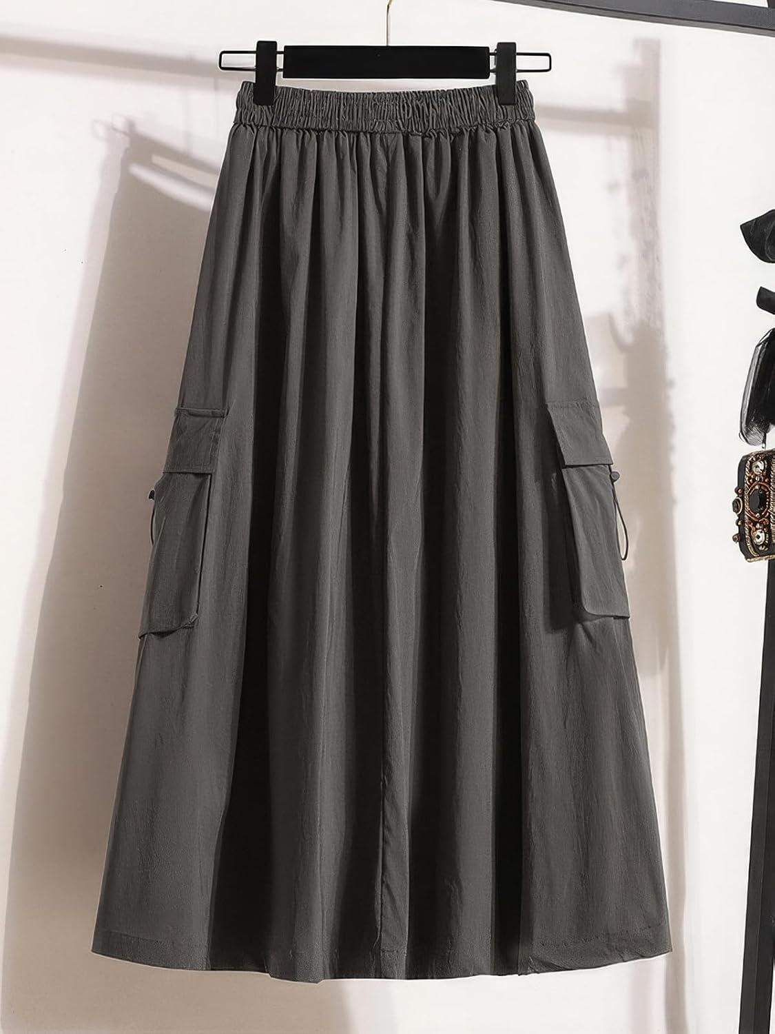 ebossy Women's Vintage Cotton Drawstring Elastic Waist Multi-Pockets Utility Pencil Long Cargo Skirts
