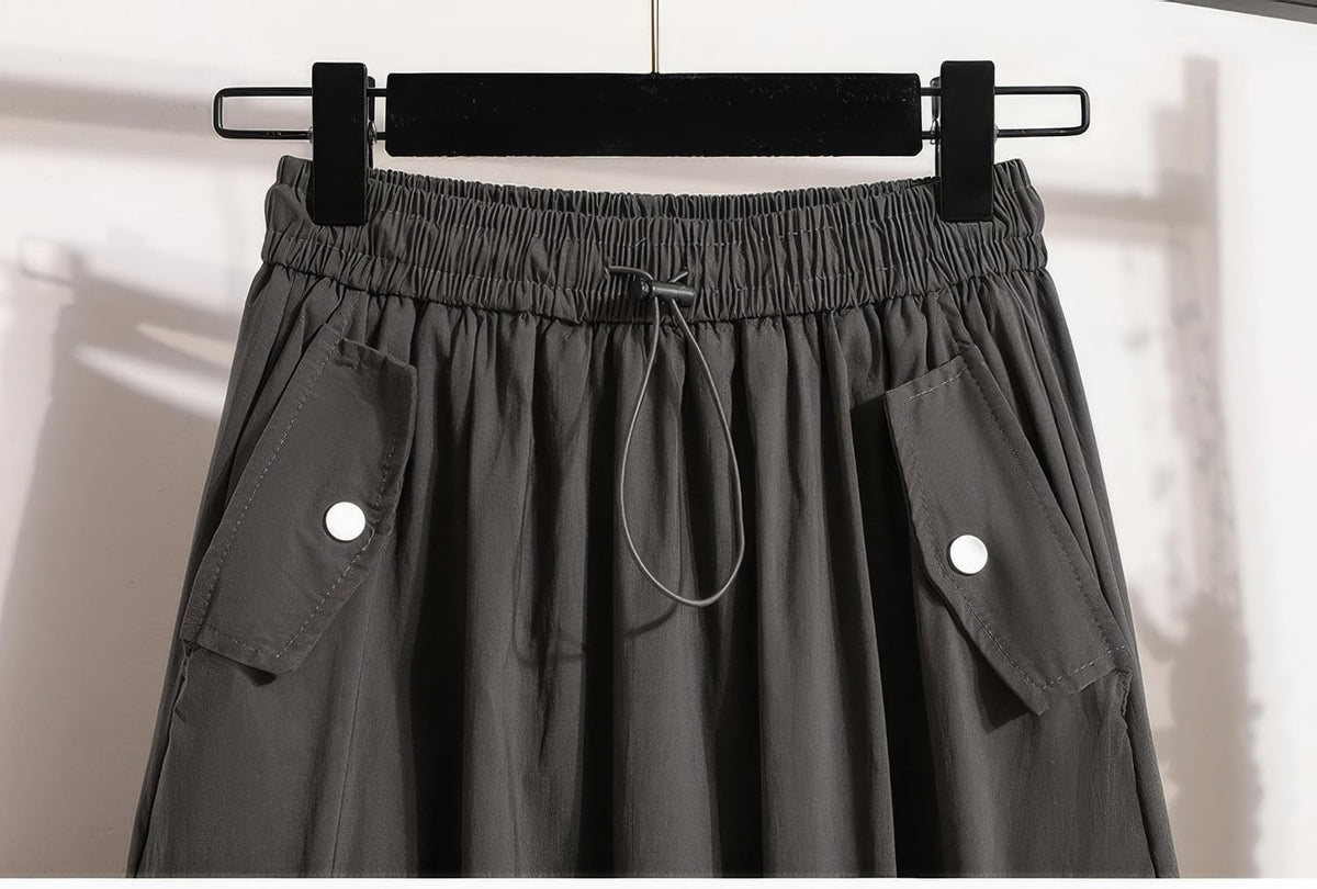 ebossy Women's Vintage Cotton Drawstring Elastic Waist Multi-Pockets Utility Pencil Long Cargo Skirts