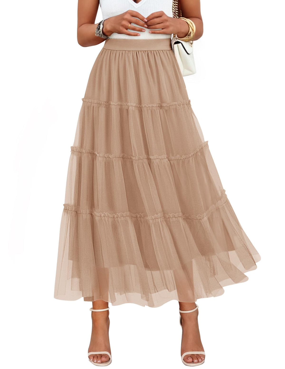 ZESICA Women's Tulle A-Line Flowy Ruffle Tiered Fall Trendy Maxi Skirts
