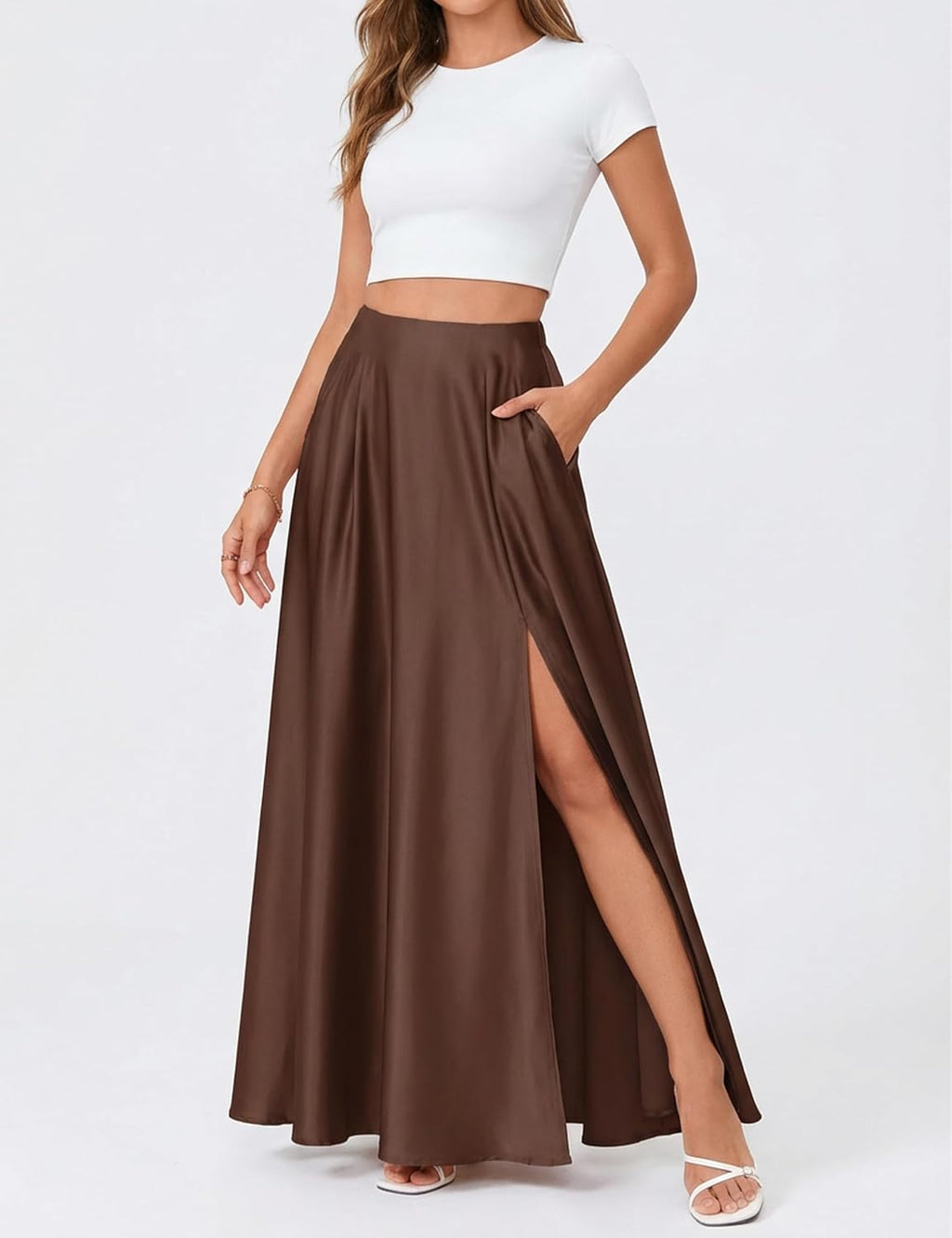 MAKABO Maxi Satin Skirts for Womens High-Waisted Side Slit with Pockets A-Line Long Skirts for Casual Daily Party