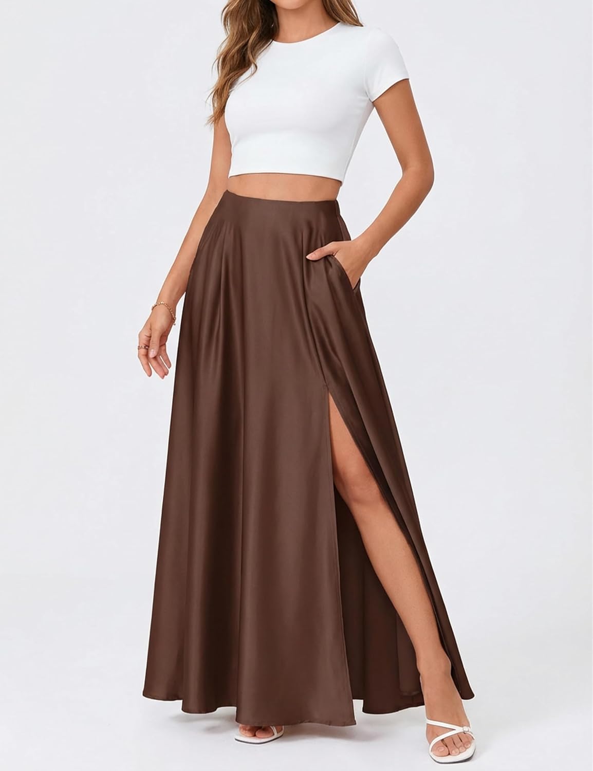MAKABO Maxi Satin Skirts for Womens High-Waisted Side Slit with Pockets A-Line Long Skirts for Casual Daily Party