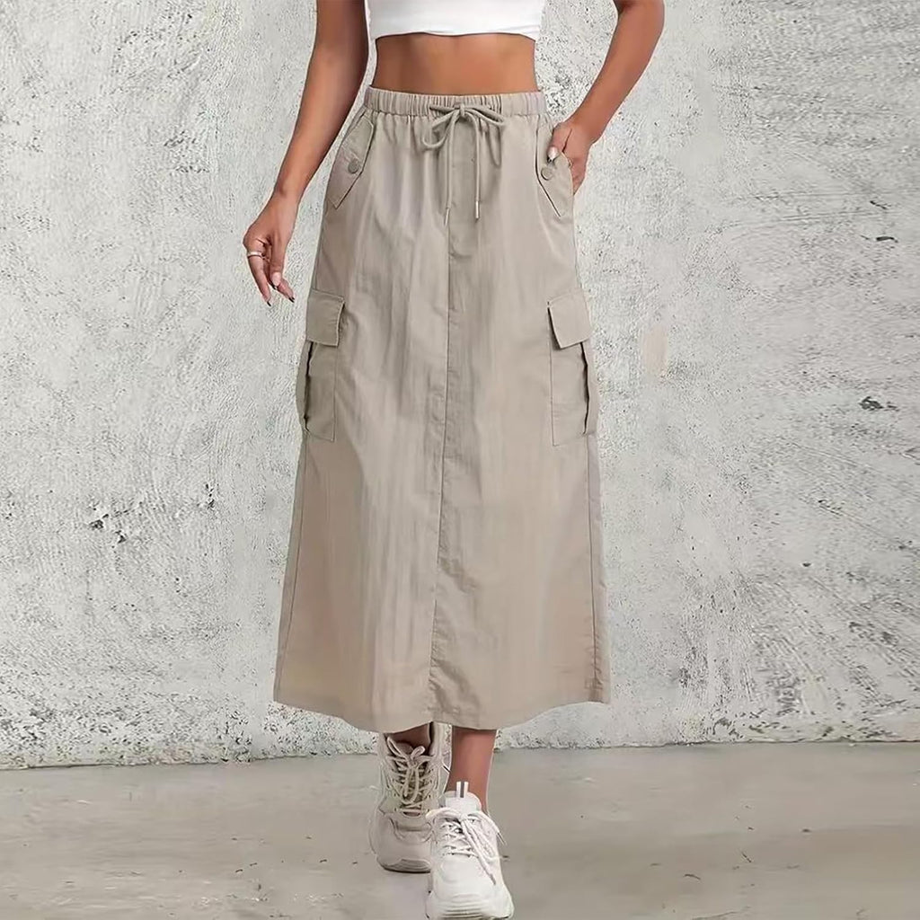 Womens Cargo Skirt High Waisted Drawstring Quick Dry Maxi Skirt Trendy Back Slit A Line Long Skirts Summer Skirts