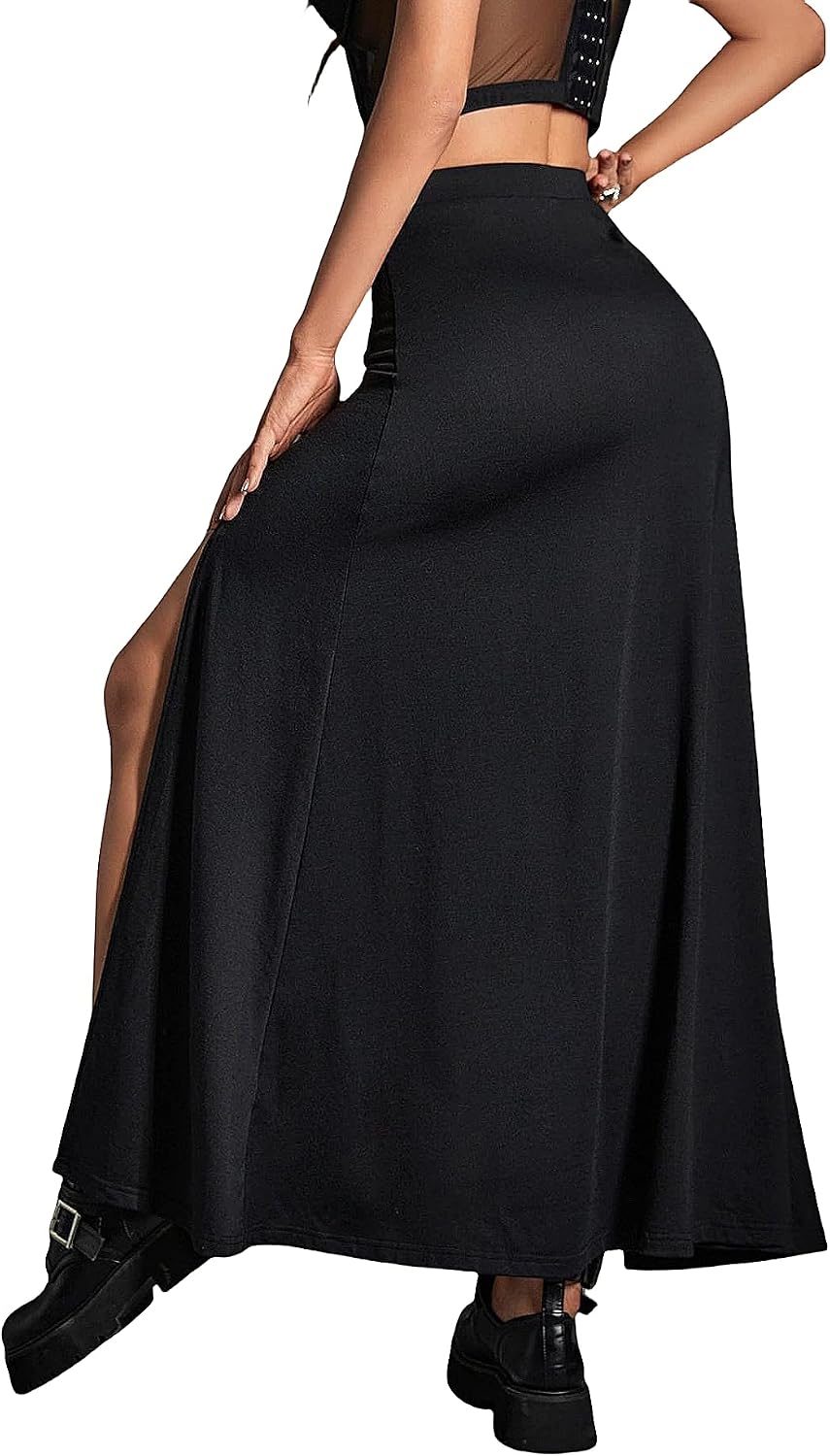 Women's Black Maxi Skirt with Double Side Slit & Hook-Buckles