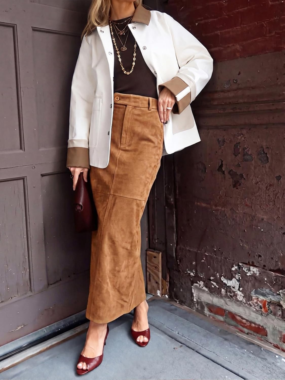 Cicy Bell Womens Suede Maxi Skirt High Waisted Slit Patchwork Pencil Skirts