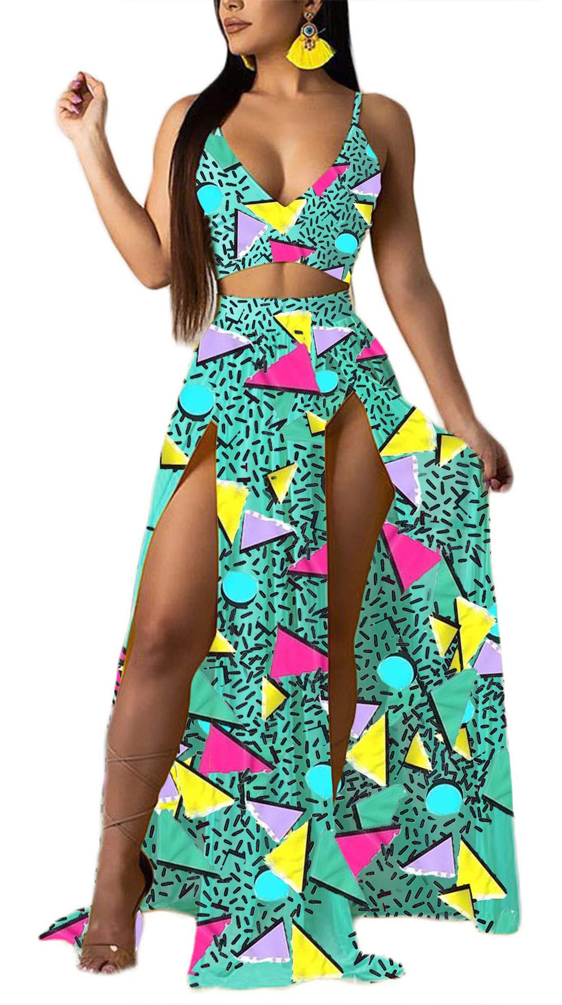 Women Sexy 2 Piece Outfits Dress Chiffon Strap Deep V Neck Bra Crop Top High Split Maxi Dresses Skirt Set