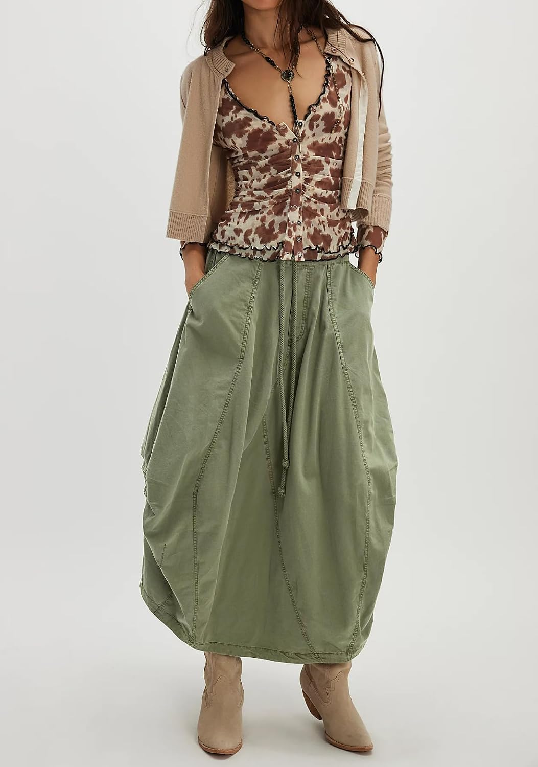 Women's Cargo Skirt Bubble Maxi Parachute Skirts with Pockets