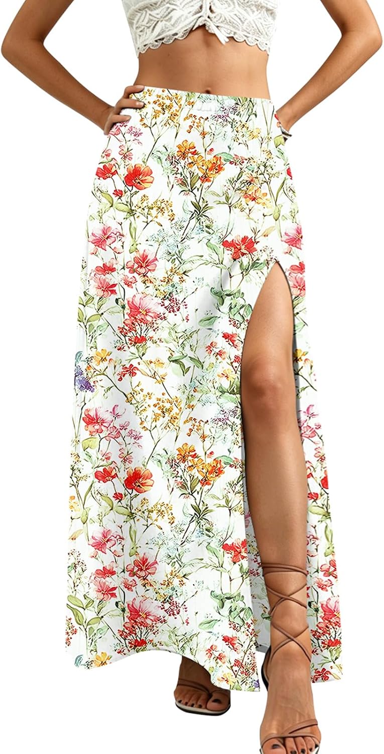 Women Summer Boho Floral Slit Maxi Skirt Split Thigh High Waisted Long Skirts