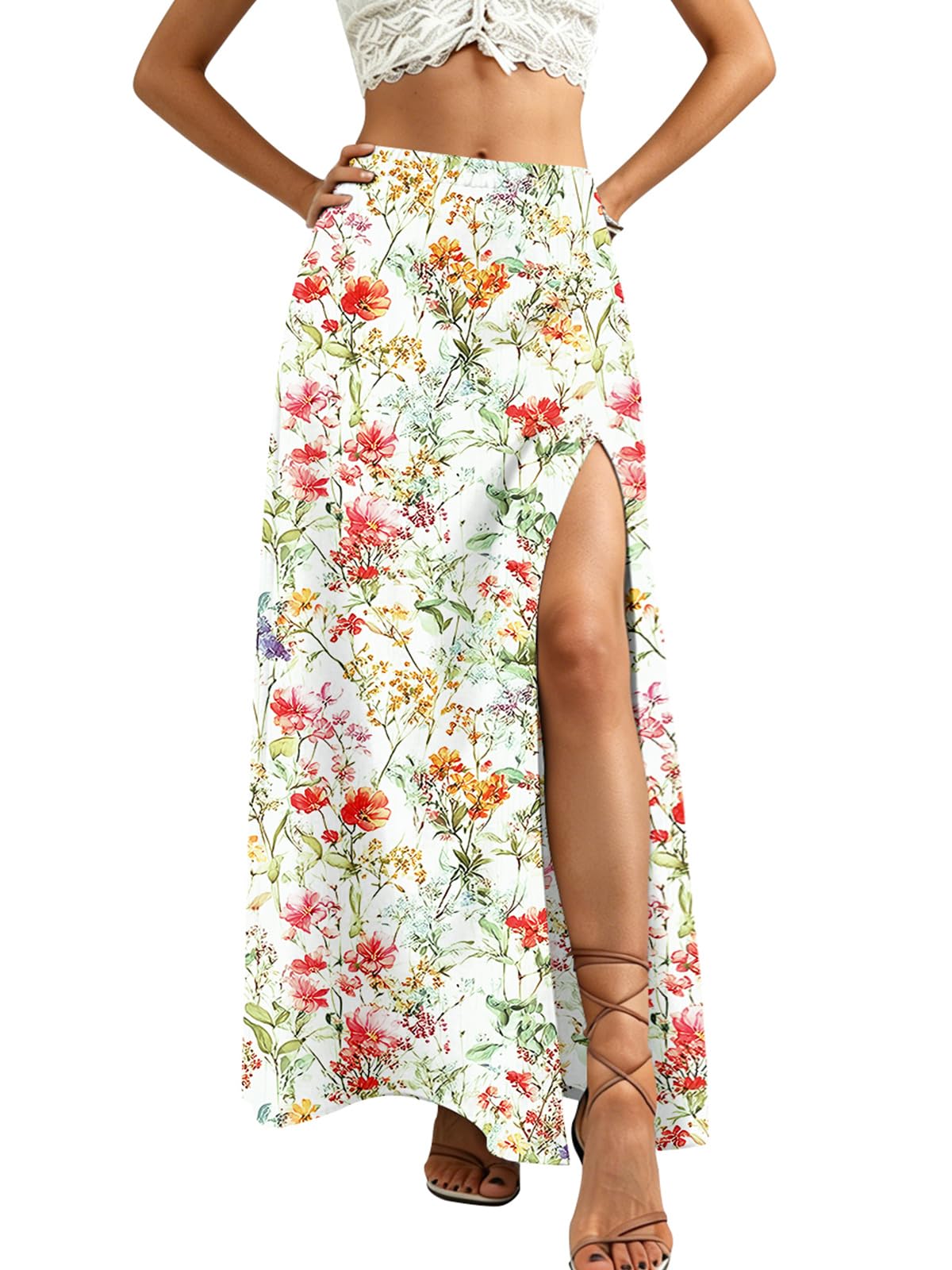 Women Summer Boho Floral Slit Maxi Skirt Split Thigh High Waisted Long Skirts