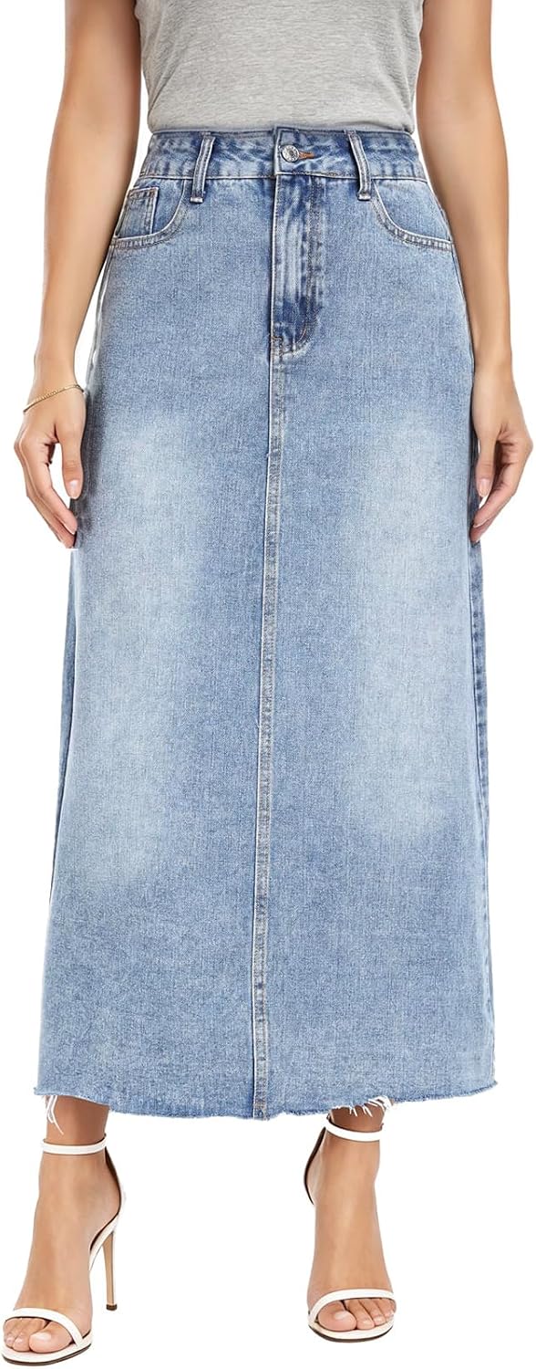 MISS MOLY Women's Jean Skirt Stretch High Waisted Frayed Raw Hem A Line Denim Midi Skirt with Pockets
