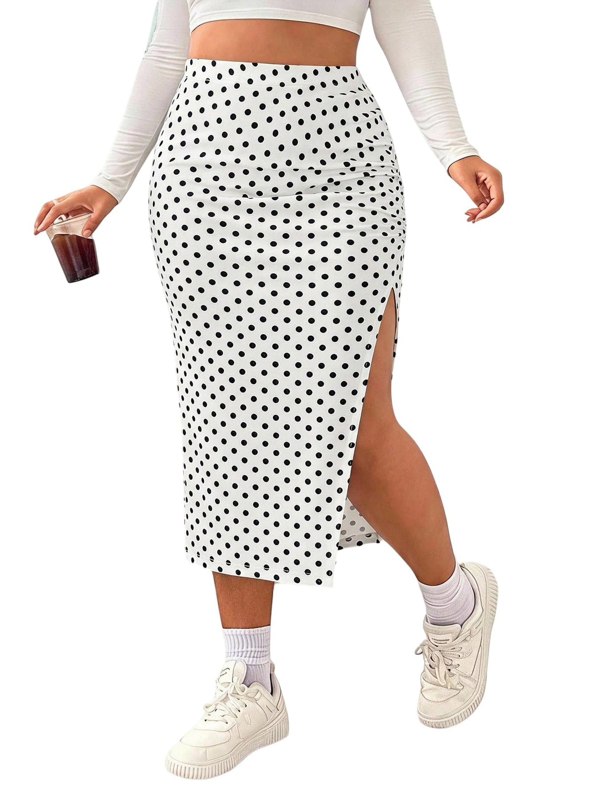 WDIRARA Women's Plus Size Checkered Split Midi High Waist Pencil Skirt
