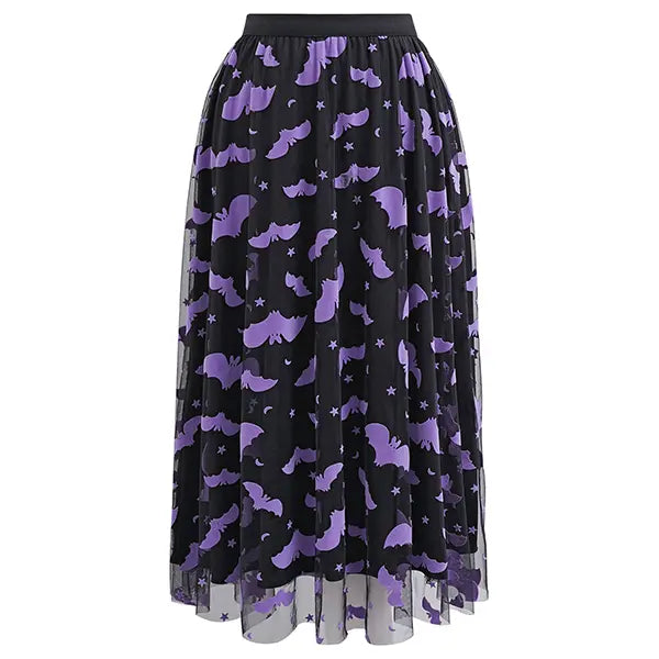 CHICWISH  Women's Velvet Bats Mesh Tulle Midi Skirt in Pumpkin for Halloween Party or Any Occasion, Autumn, Winter Outfit, Festive Outfit Womenswear Bottom