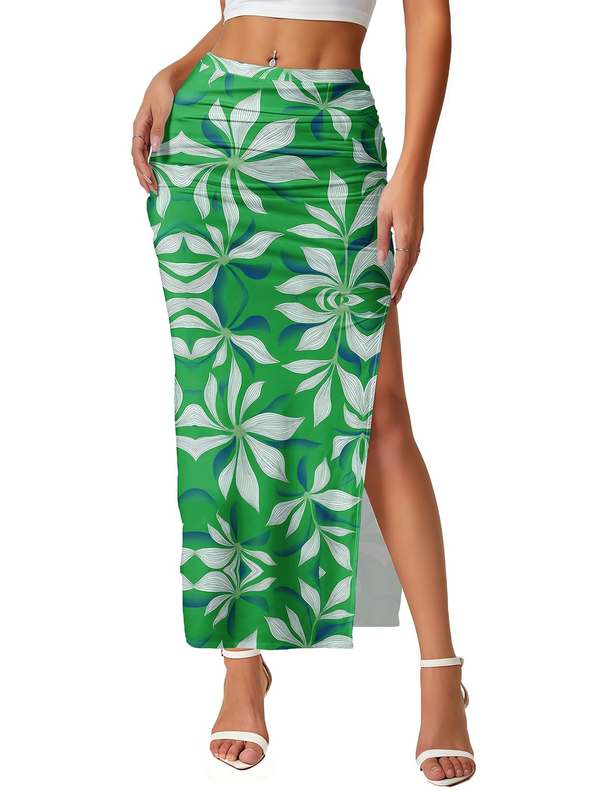 Women's Maxi Skirt Ruched Side Slit Thigh Elegant Bodycon Pencil Skirts