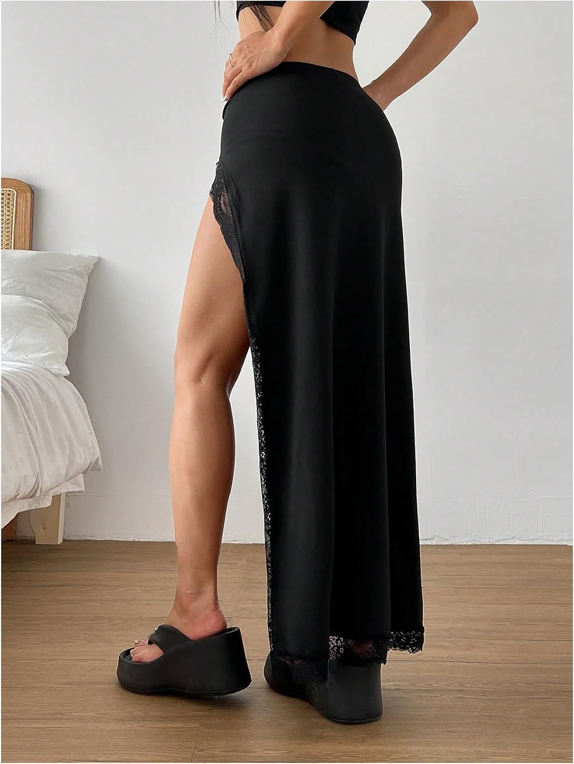 SHENHE Women's Low Rise Wrap High Slit Lace Maxi Skirt with Lining