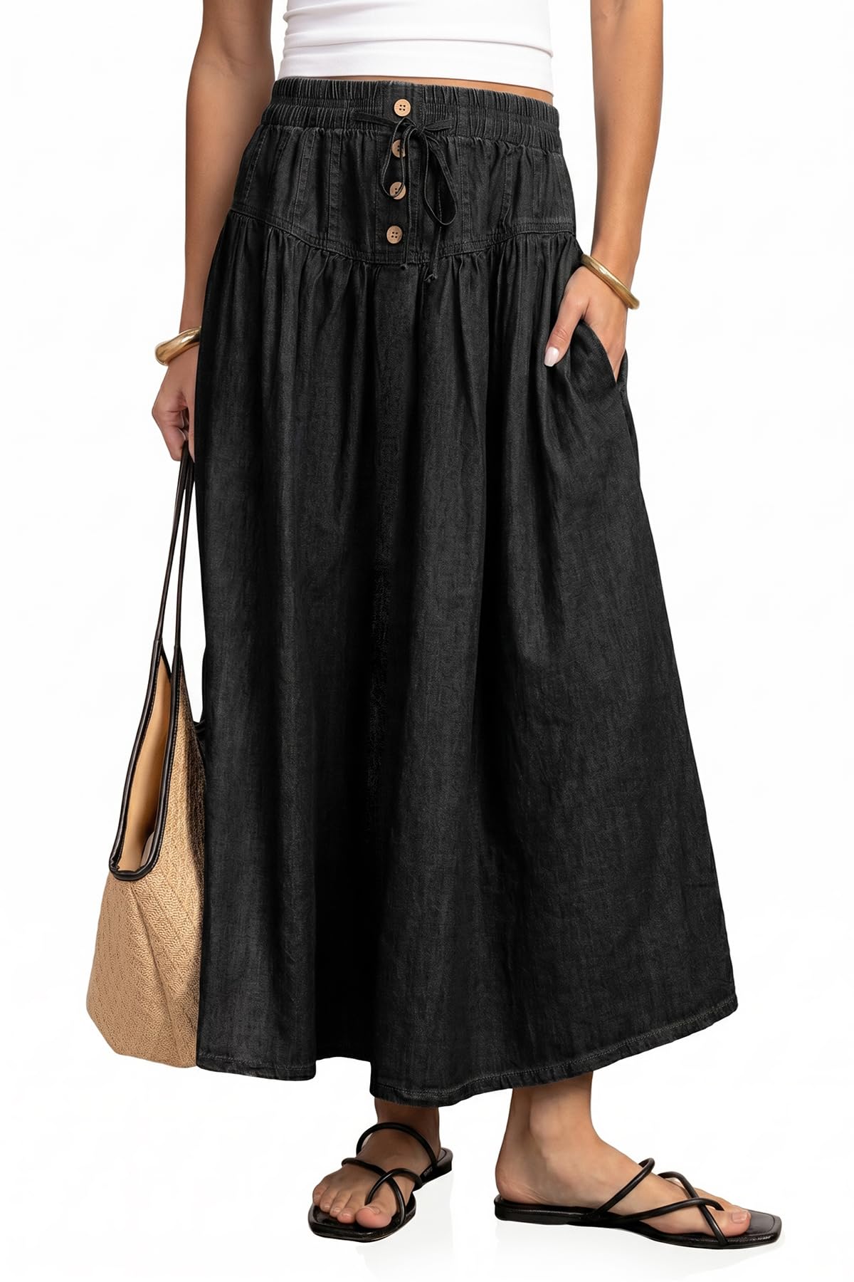 Flowyair Womens Drawstring High Waisted Denim Midi Skirts Casual A-Line Button Front Pleated Jean Long Skirts with Pockets