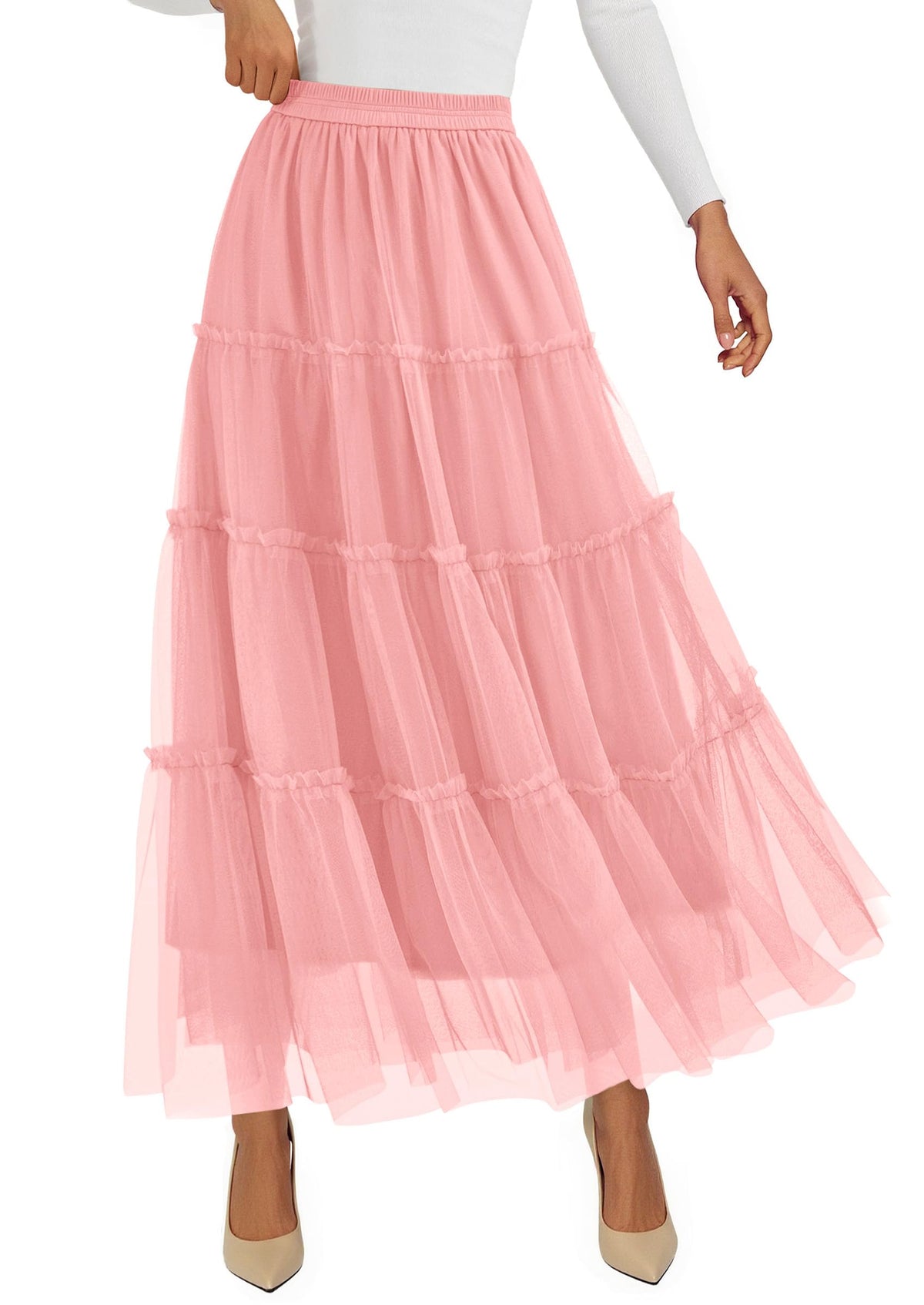 PRETTYGARDEN Women's Fall Soft Tulle Tiered Long Skirt