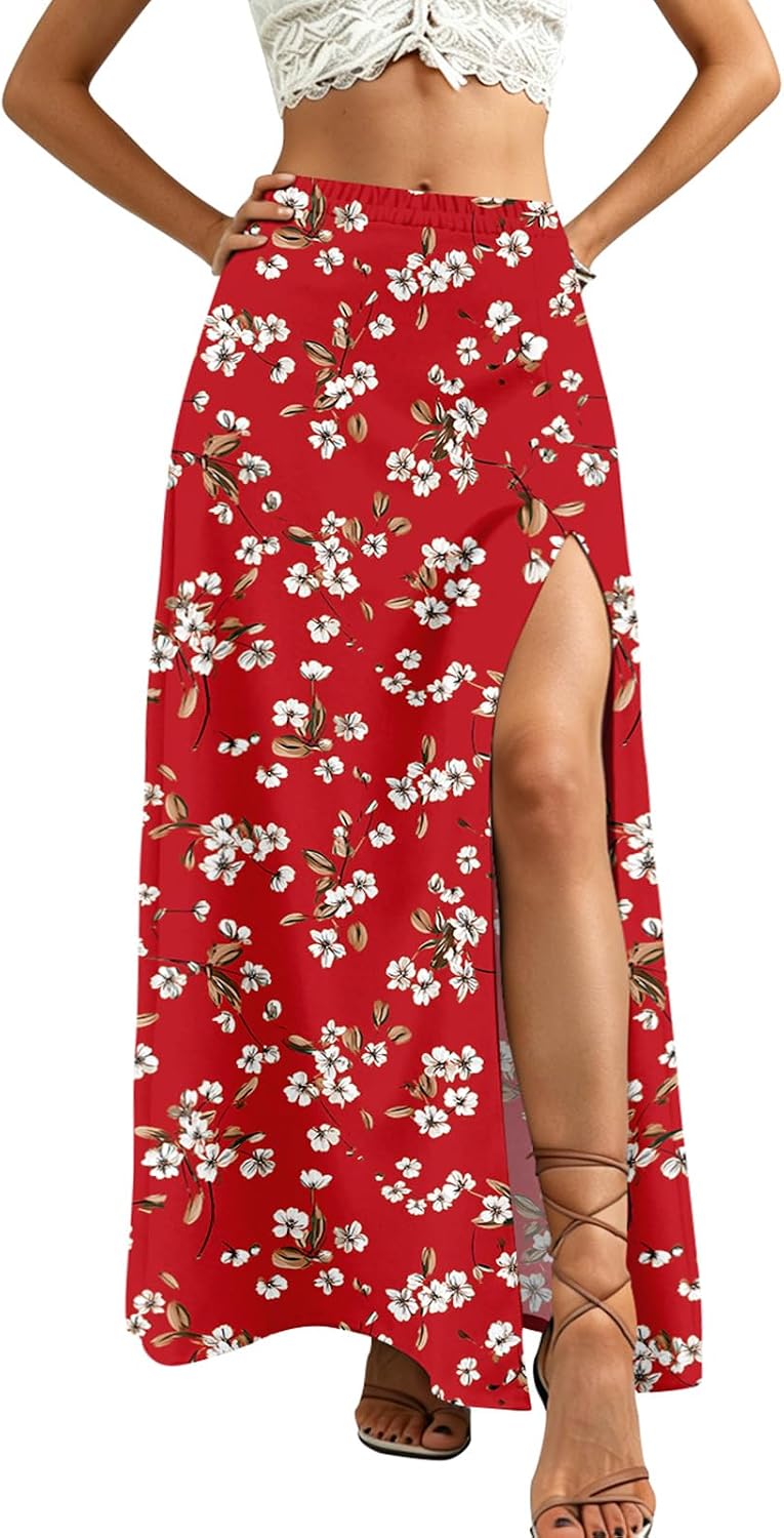 Women Summer Boho Floral Slit Maxi Skirt Split Thigh High Waisted Long Skirts