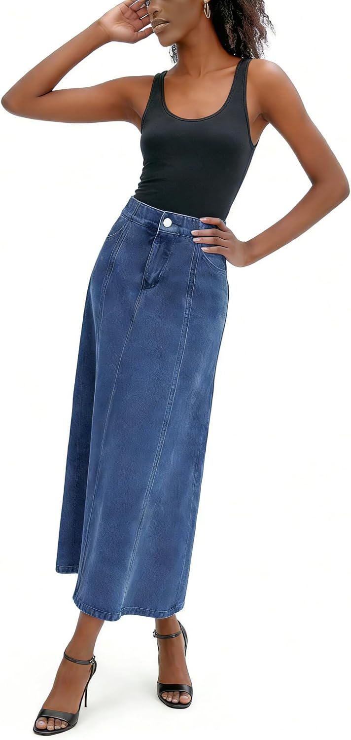 utcoco Women's Stretch High Waisted Denim Skirt Flowy A-Line Jean Maxi Skirt with Pockets