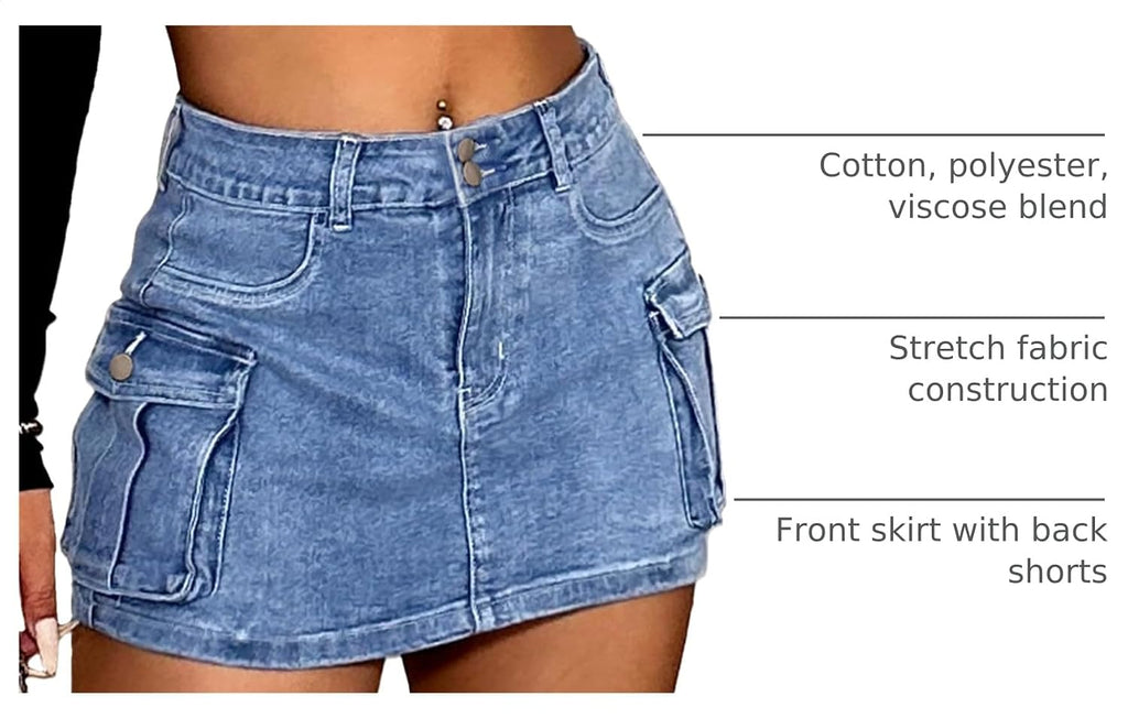 ELLEVEN Women's High Stretch Denim Cargo Skort High Waisted Y2K Jean Skirt