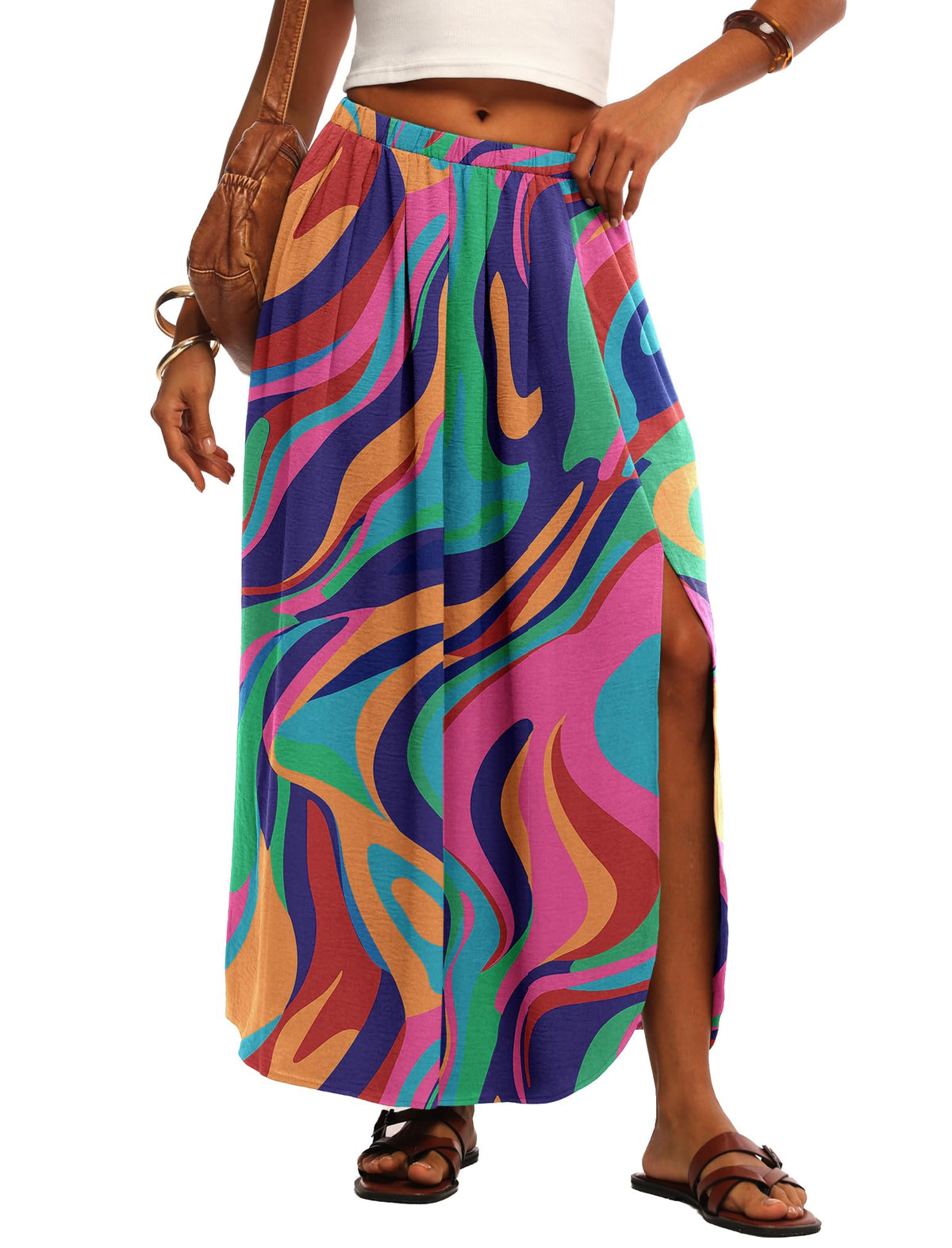 HiMONE Womens Maxi Skirt High Waisted Flowy A Line with Side Slit