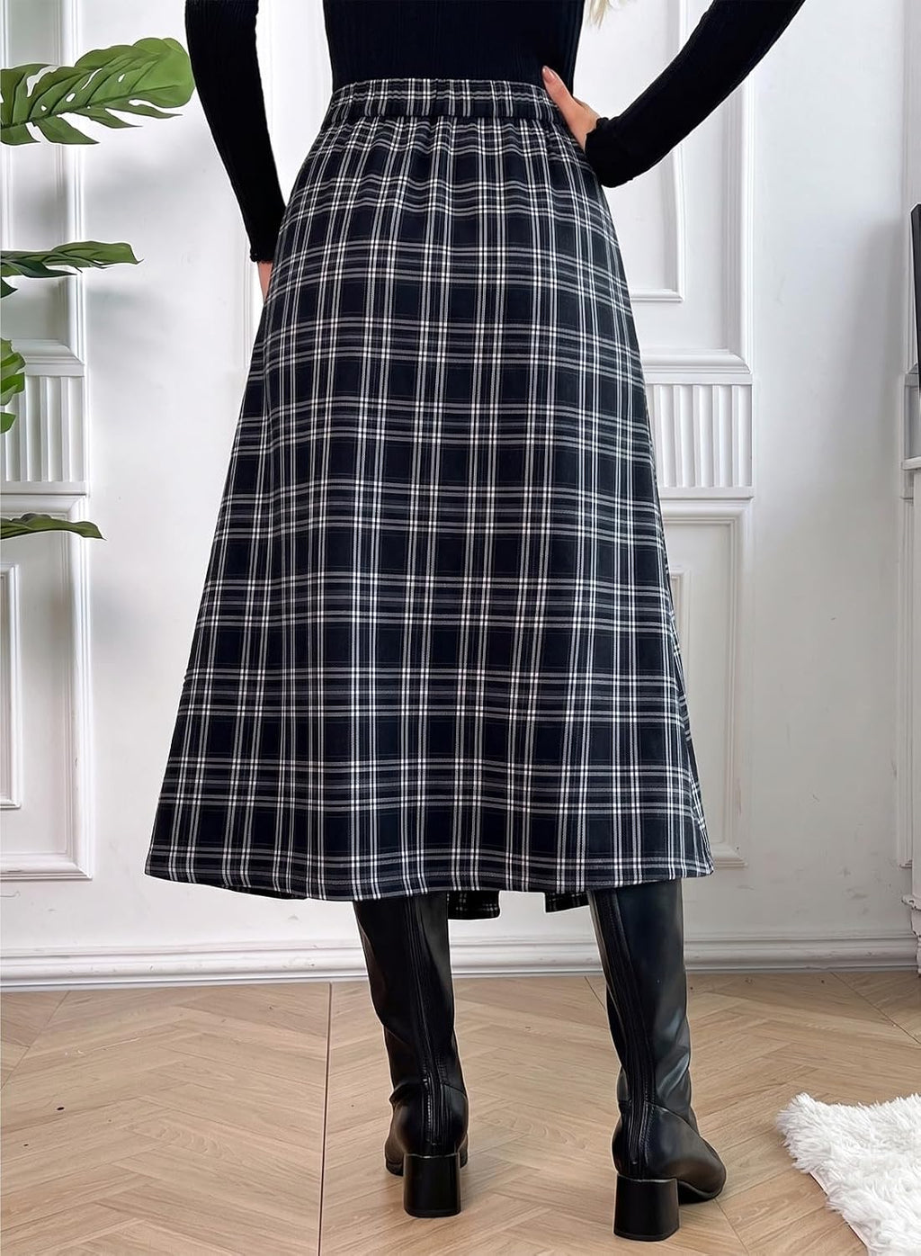 Pink Queen High Waist Side Slit Plaid Skirts for Women Midi Length