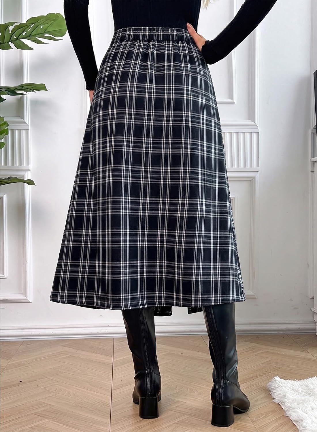 Pink Queen High Waist Side Slit Plaid Skirts for Women Midi Length