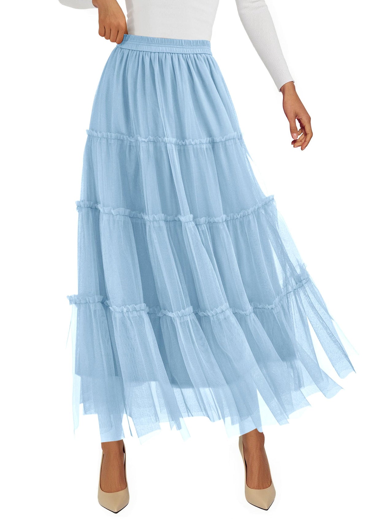 PRETTYGARDEN Women's Fall Soft Tulle Tiered Long Skirt