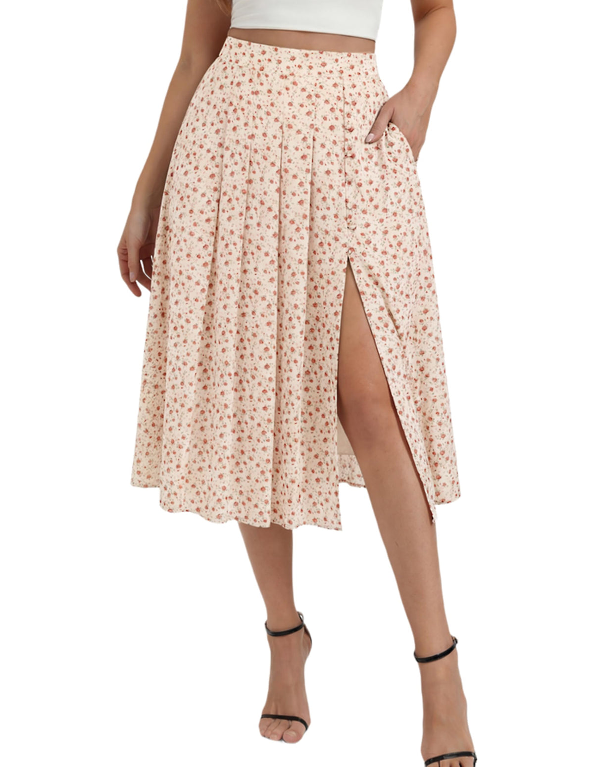 Belle Poque Women's Floral Midi Skirts with Slit High Waist Pleated Skirts Flowy A-Line Skirt with Pockets Spring Summer 2026