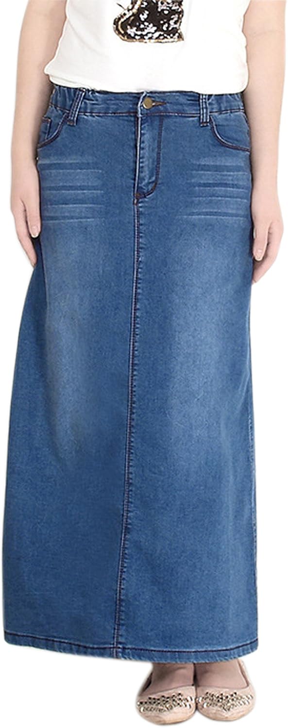 chouyatou Women's Casual Stretch Waist Washed Denim A-line Maxi Skirt