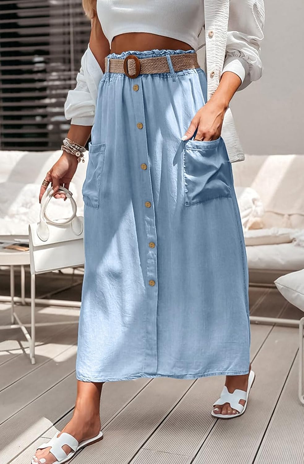 loveimgs Women Summer Elastic Waist Flowy Tencel Denim Maxi Skirt A Line Button Ruffle Cargo Long Jean Skirt Boho Lightweight