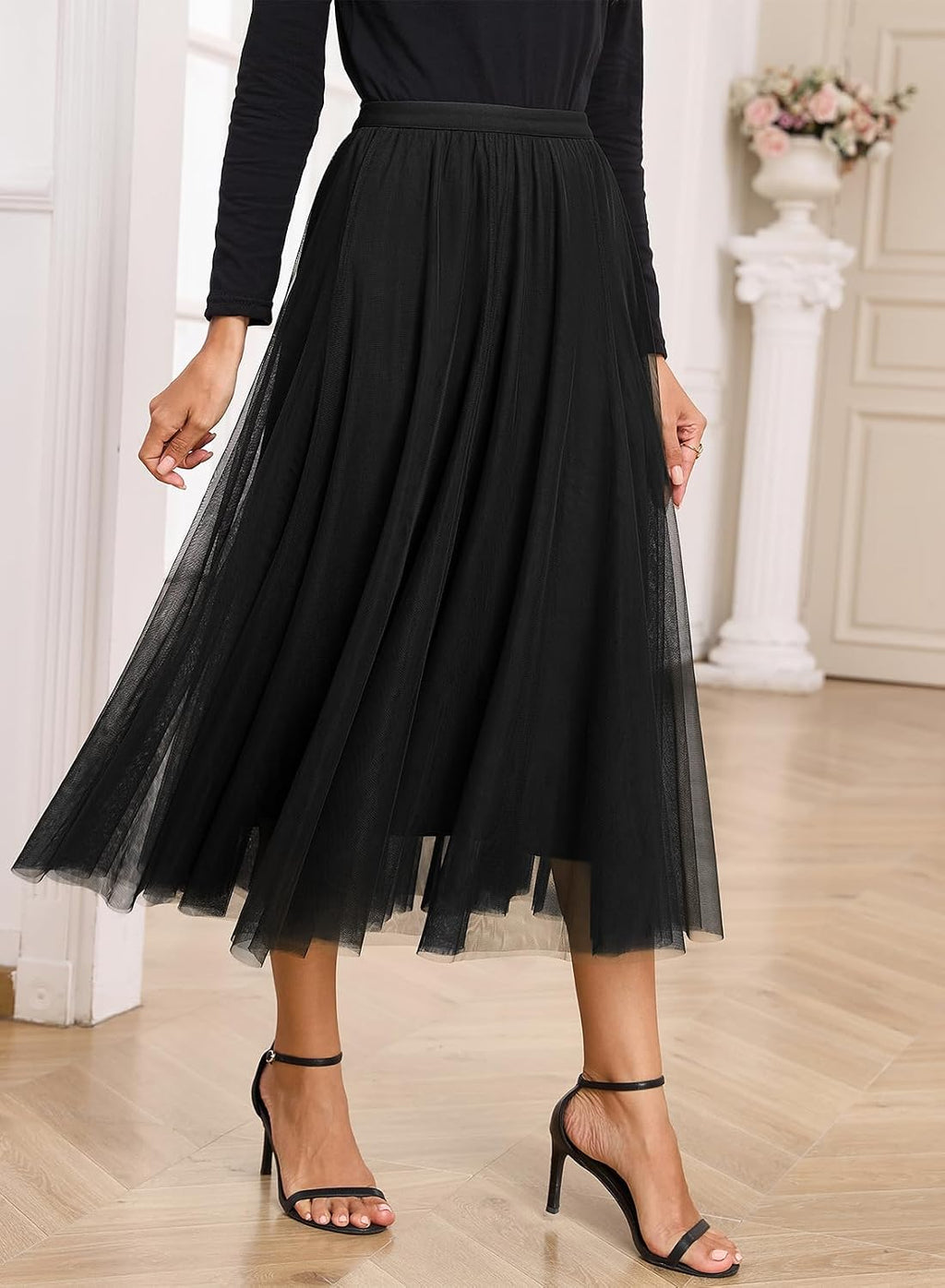 Happy Sailed Womens Tulle Skirt Elastic High Waisted A-Line Layered Flowy Long Skirts Date Night Outfit