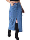 Women's Cargo Long Denim Skirt with Slit