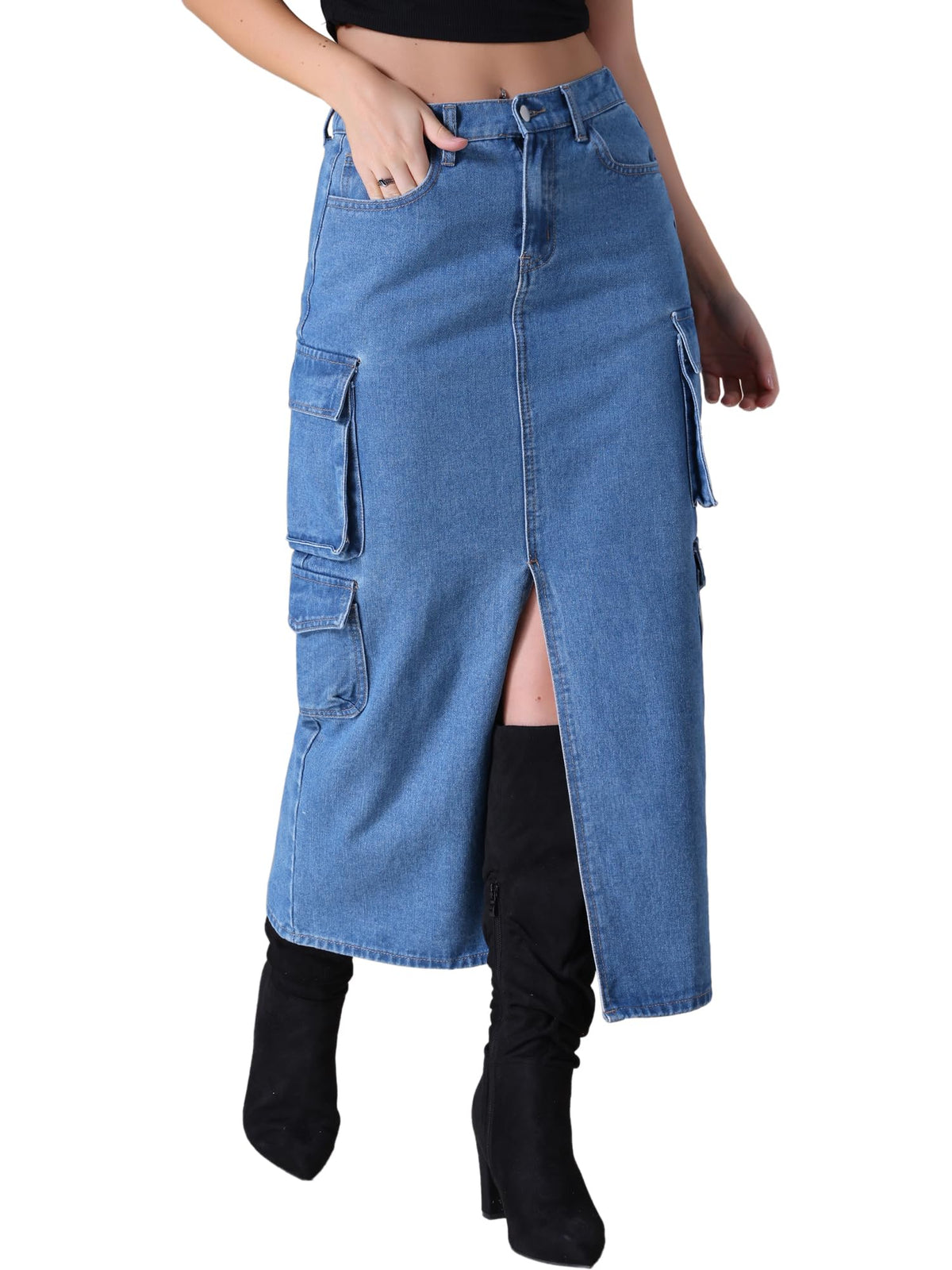 Women's Cargo Long Denim Skirt with Slit