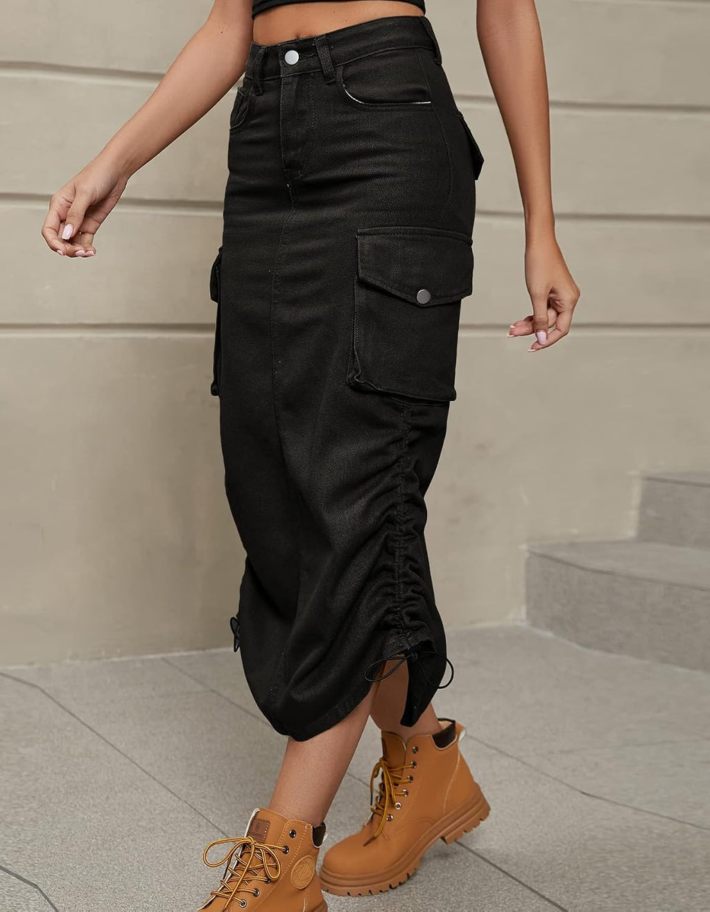 chouyatou Women's Y2K Cargo Skirt Jean Adjustable Casual A-Line Midi Long Denim Skirt