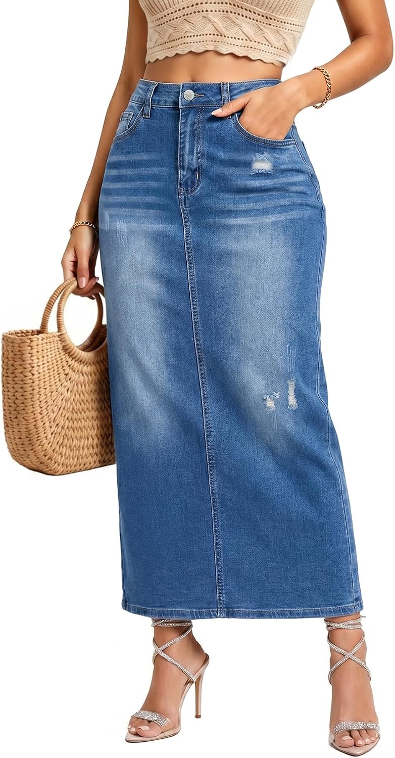 Women's High Waisted Long Denim Skirt with Back Slit Distressed Holes Stretch Whisker Wash