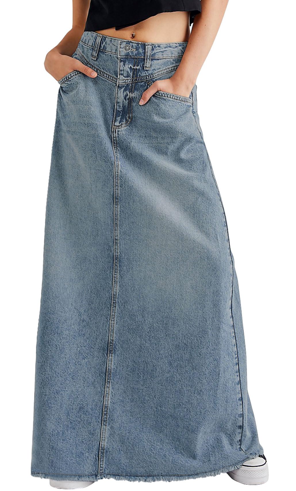 CHARTOU Women Vintage Denim Maxi Skirt Frayed Raw Hem High Waist A-Line Long Jean Skirt