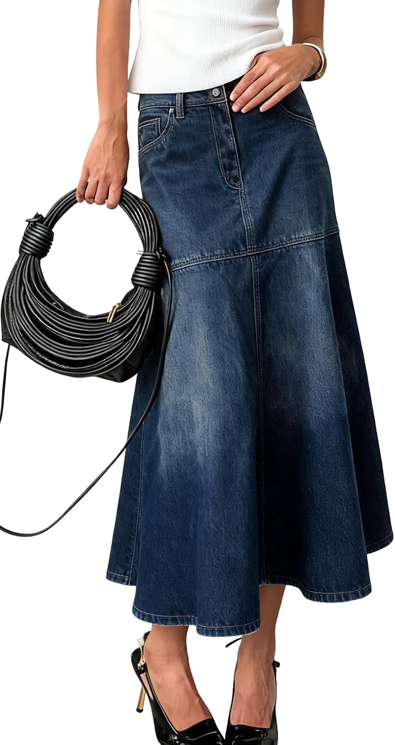 chouyatou Women's Elegant A-Line Pleated Jean Skirt Western Distressed Midi Long Fishtail Denim Skirt