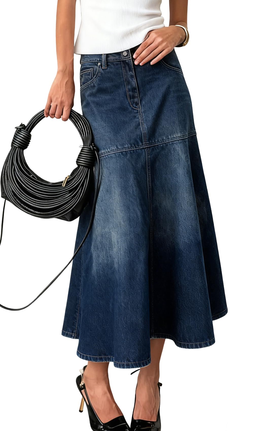 chouyatou Women's Elegant A-Line Pleated Jean Skirt Western Distressed Midi Long Fishtail Denim Skirt