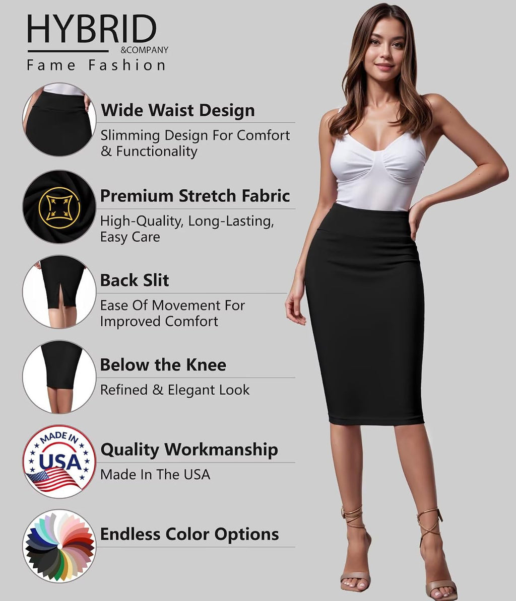 Hybrid & Company Women's Premium Nylon Ponte Stretch High Waist Pencil Suit Skirt Below Knee