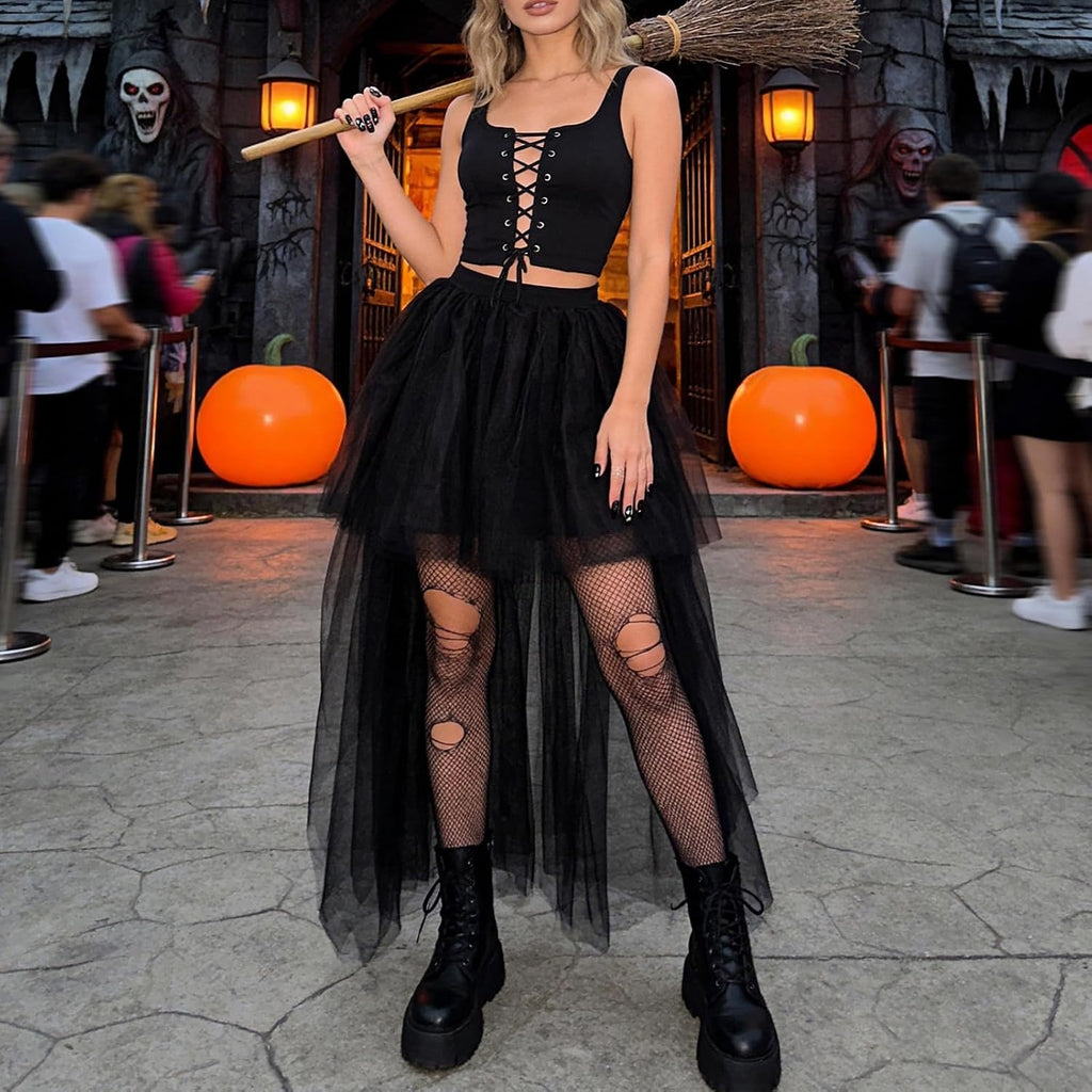 Women High Low Tutu Tulle Bustle Skirt Elastic Waist Dovetail Skirts for Wedding Party Performance