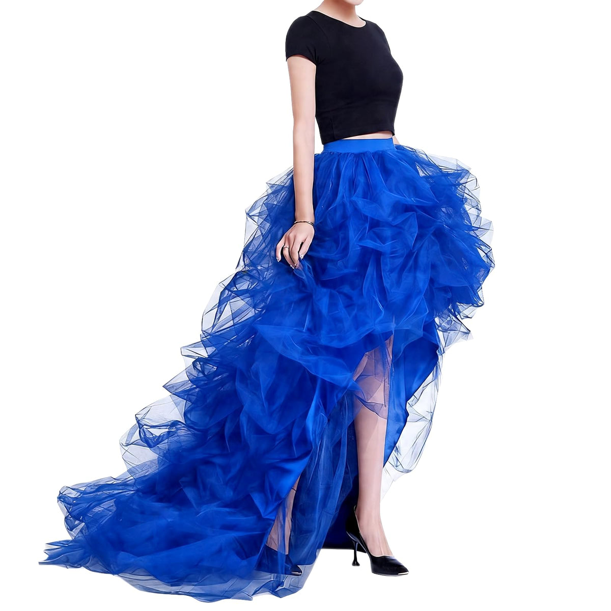 WDPL Women’s High Low Ruffled Tulle Skirt, Long Back Hem for Party Evening