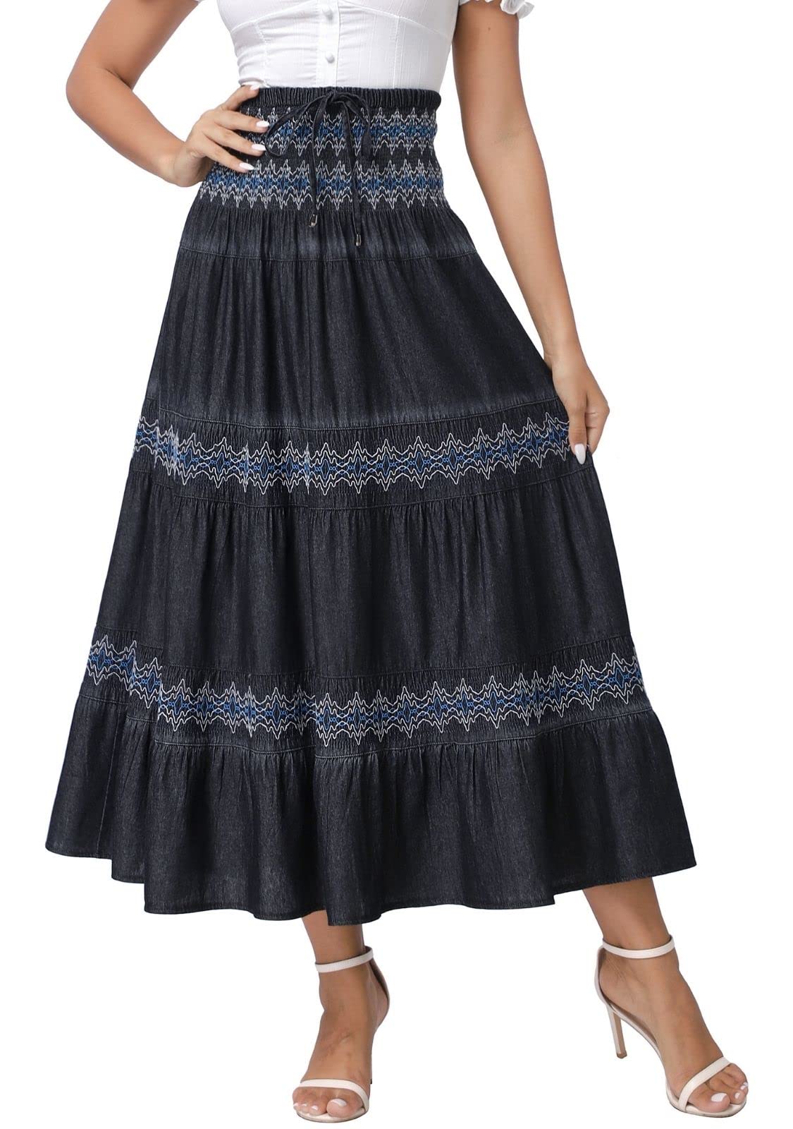 DREFBUFY Womens Denim Skirt High Waist Pleated Tiered Long Skirts Maxi Casual Style Jean Dress for Women