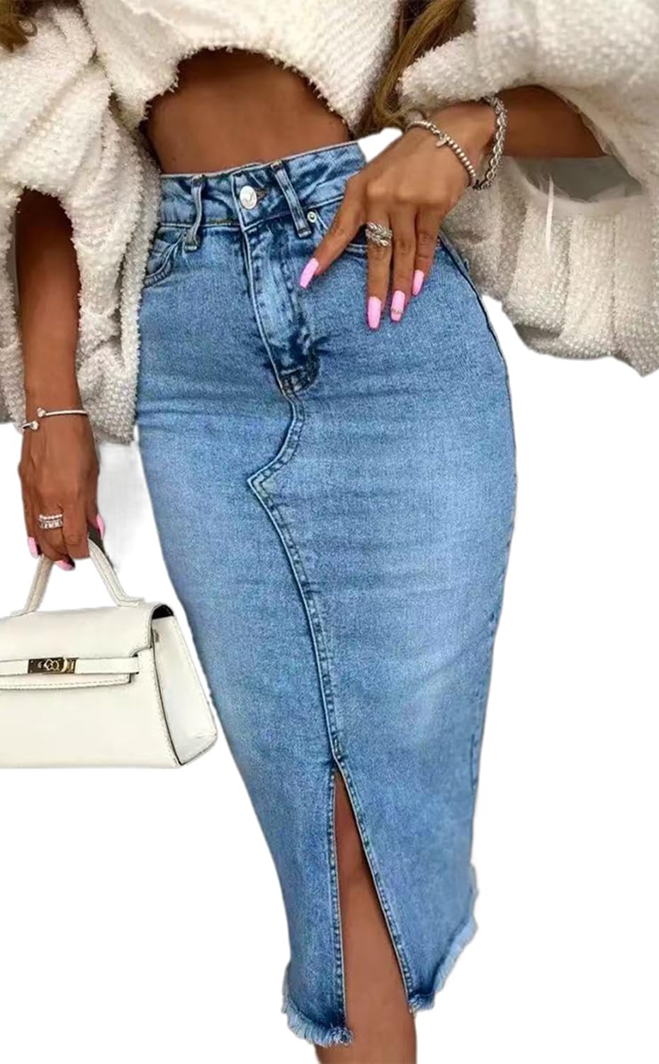 CaniBtr Women's Casual Slit Denim Midi Jean Skirt Stretch with Pockets
