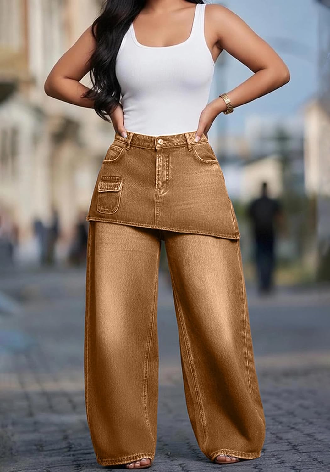 Unybwonn Womens Baggy Cargo Jeans Cowboy Long Skirt Pants with Pockets